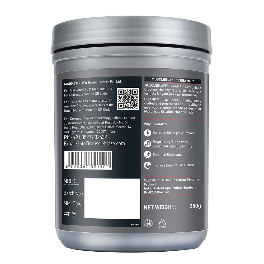 MuscleBlaze Creatine Monohydrate CreAMP, 250 g, Unflavoured
