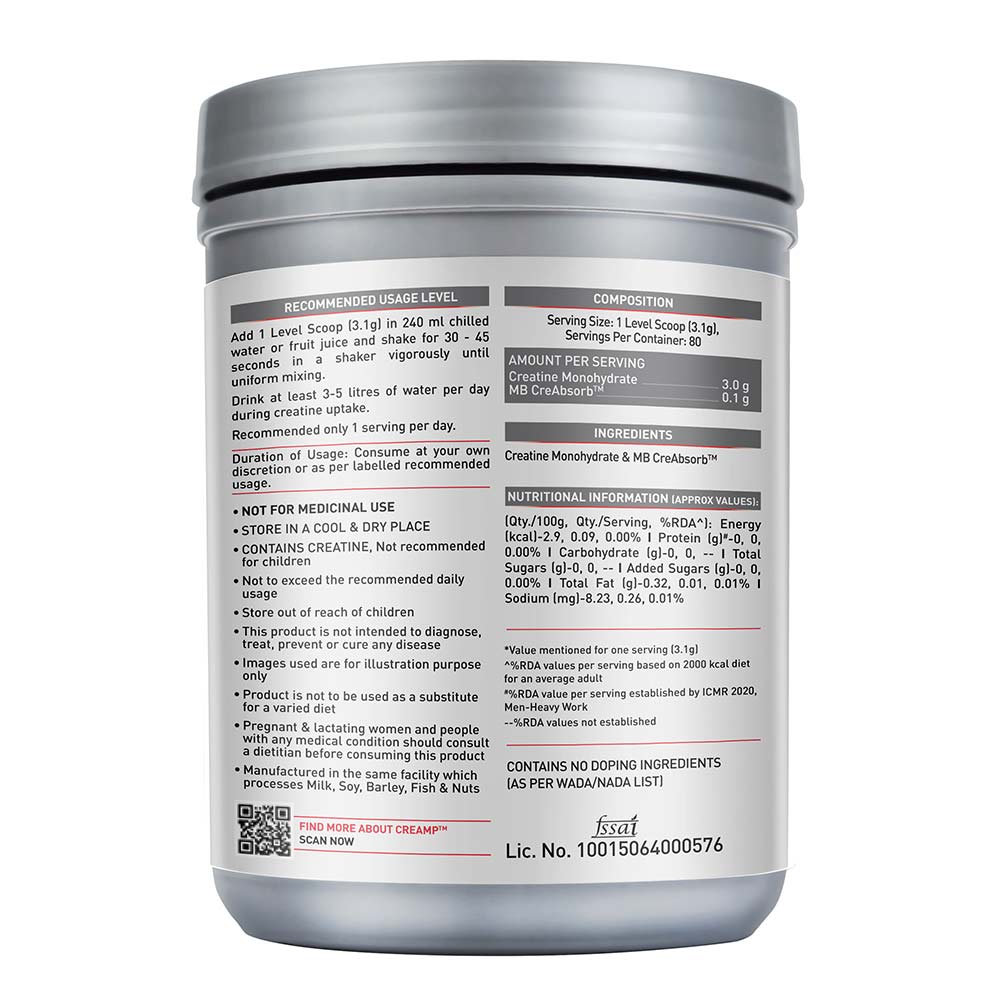 MuscleBlaze Creatine Monohydrate CreAMP, 250 g, Unflavoured